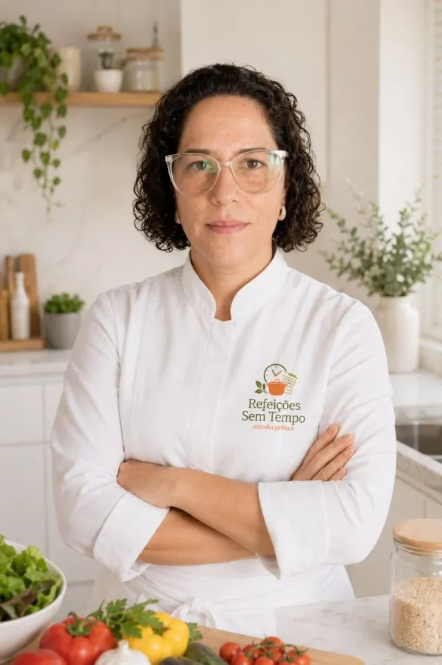 Andressa de jaleco branco com o logo Refeições Sem Tempo bordado, na cozinha