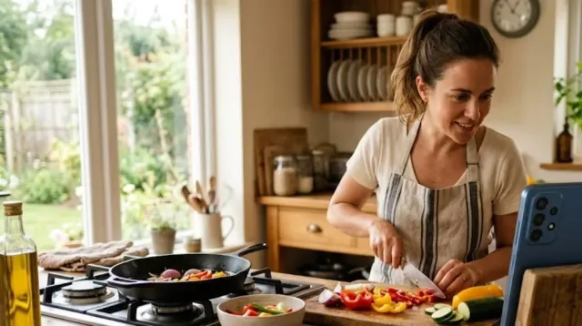 Celular escorado na bancada com o vídeo da receita rodando durante o preparo