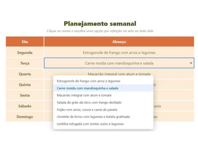 Aba Planejamento com a lista suspensa aberta no almoço de terça, mostrando as sete opções