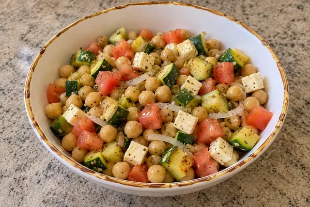 Salada de gr&atilde;o-de-bico com abobrinha e queijo &mdash; sugest&atilde;o de apresenta&ccedil;&atilde;o