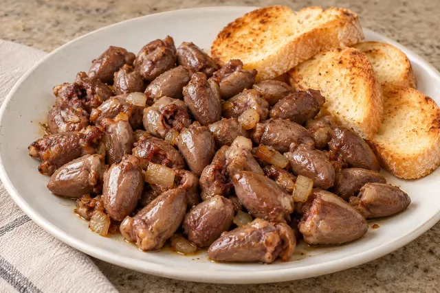 Cora&ccedil;&atilde;o de galinha com p&atilde;o torrado &mdash; sugest&atilde;o de apresenta&ccedil;&atilde;o