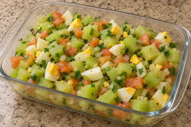 Salada de chuchu com ovos e tomate &mdash; sugest&atilde;o de apresenta&ccedil;&atilde;o